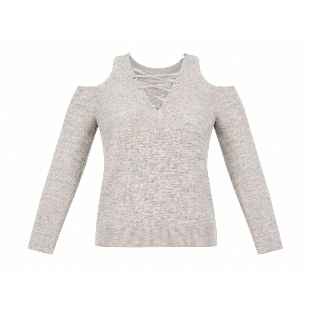 Express Women’s Large Oatmeal Knit Cold Shoulder Lace-Up Sweater